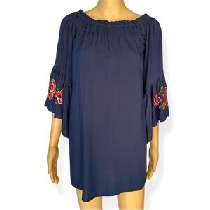 Feathers Navy Tunic with Red Floral Embroidery Ruffle Sleeves Size S